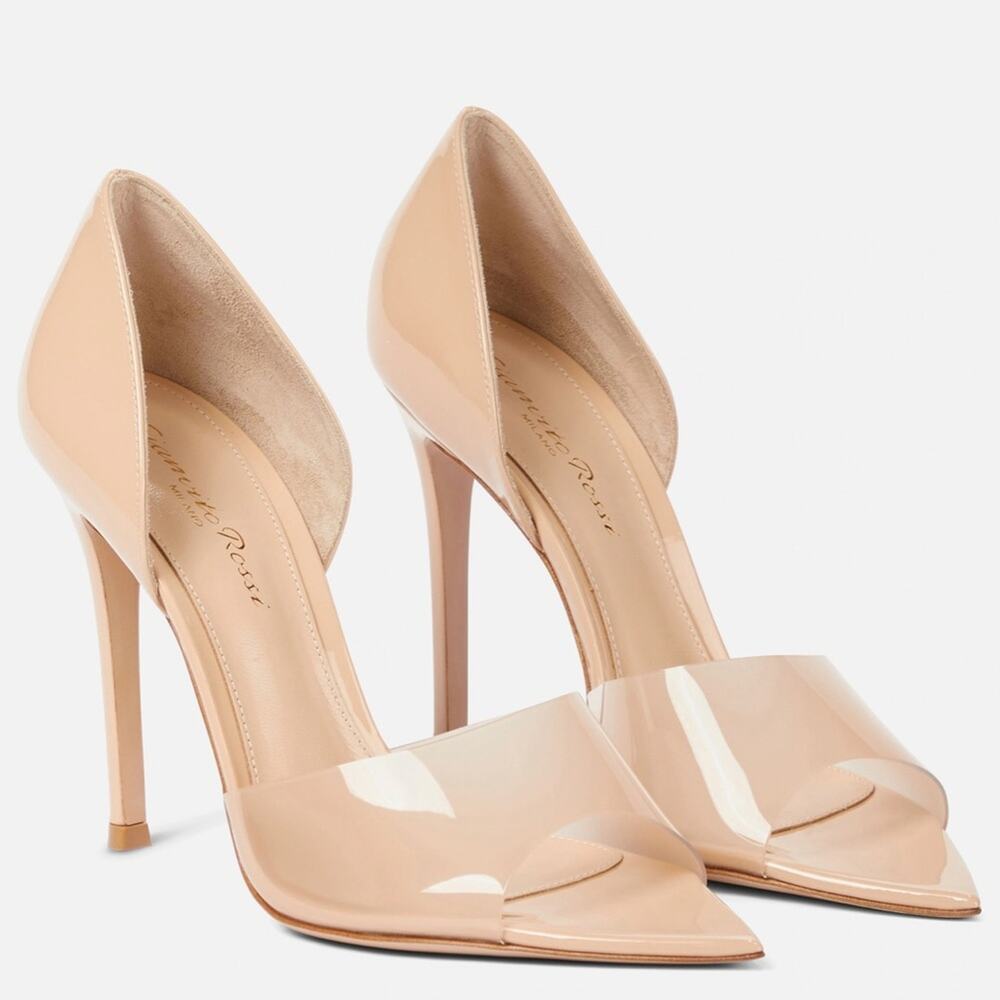 Gianvitto Rossi Bree Womens Patent Leather and PVC Peep-Toe Pumps in tan Size 42